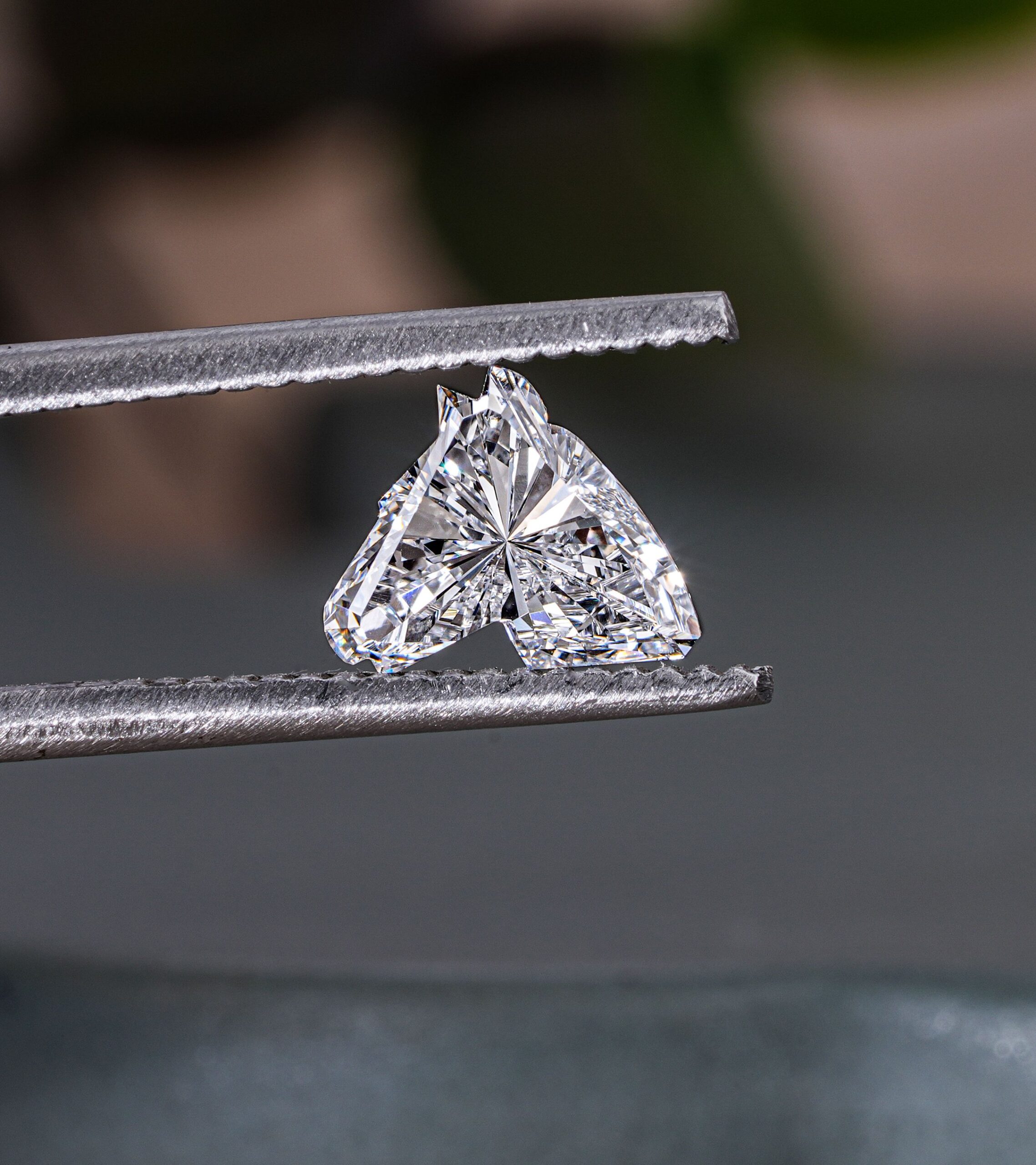 Losse diamant in een pincet, waarbij de facetten en het slijpsel zichtbaar zijn